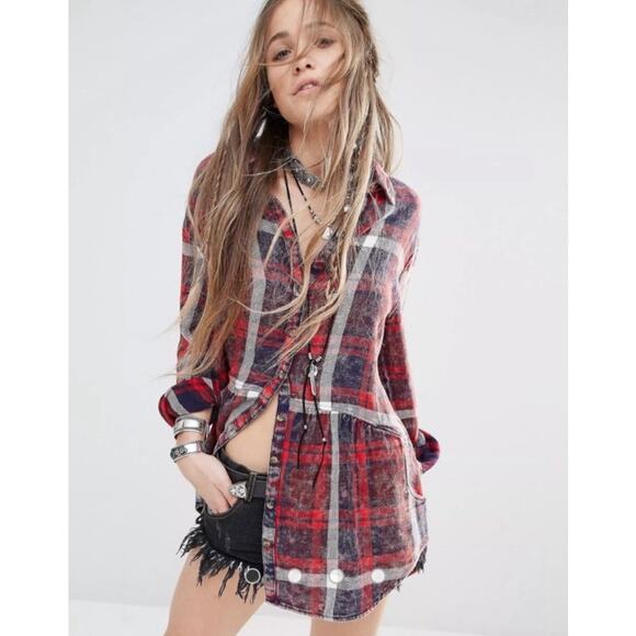 Free People Easy Street Red Plaid Peplum Button Down Top Womens XS Fall Flannel - Picture 1 of 9
